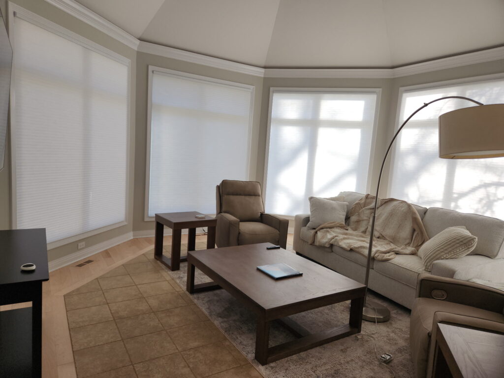 Multiple Hunter Douglas motorized Applause Honeycomb shades hanging in a cozy living room.