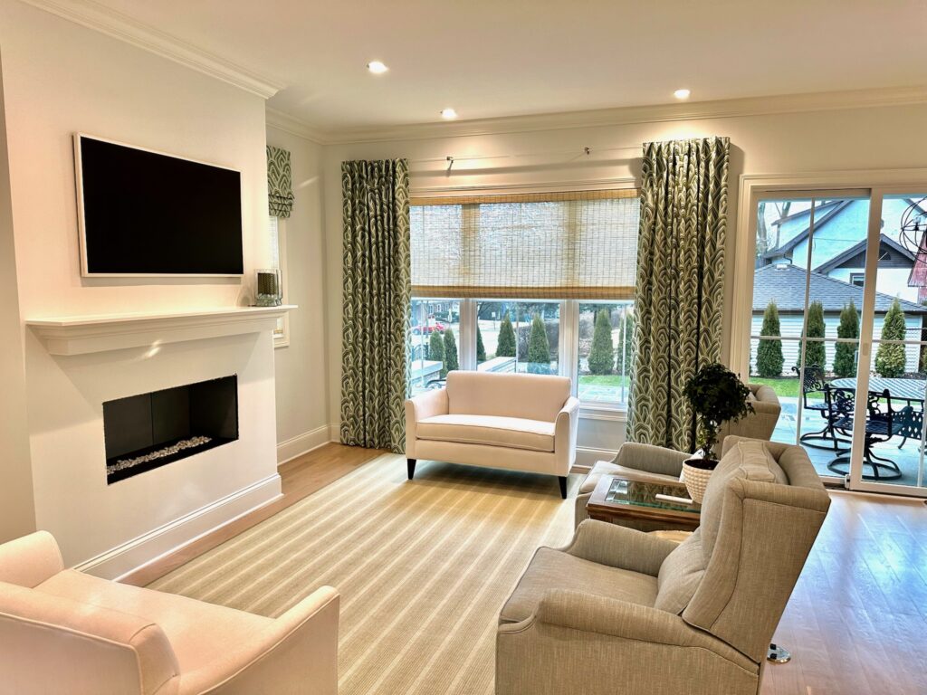 hunter Douglas provenance woven wood shade in a cozy living room. Installed by Ogden blinds in Bolingbrook, IL