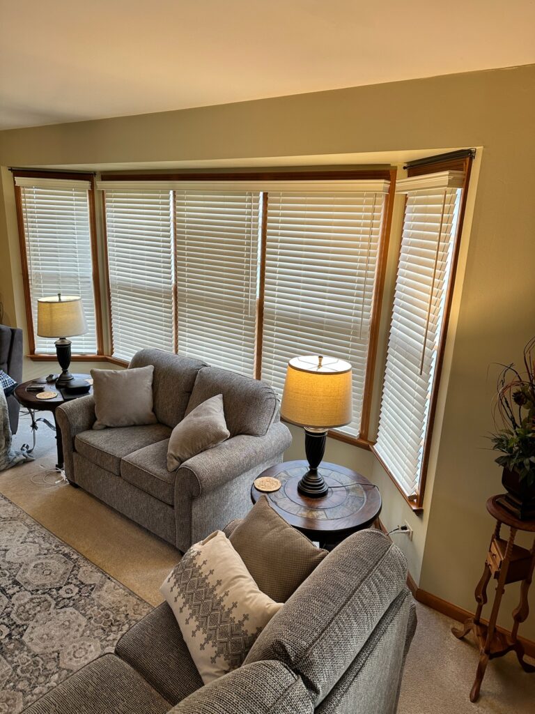 hunter Douglas everwood faux wood blinds in a cozy living room. Installed by Ogden Blinds in Lombard, IL