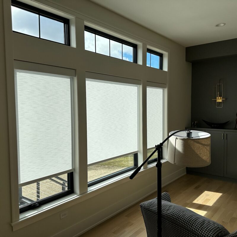 hunter Douglas designer roller shades in a modern family room. installed in Elburn, IL by Ogden Blinds