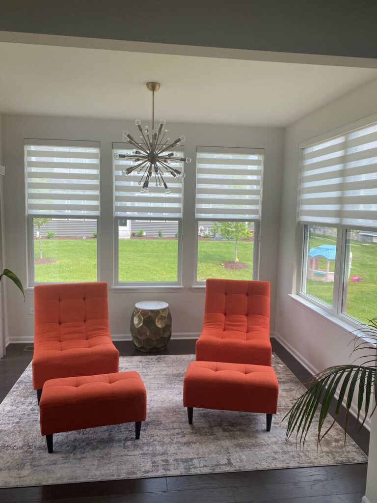 hunter Douglas designer banded shades in an Oswego, IL sitting area