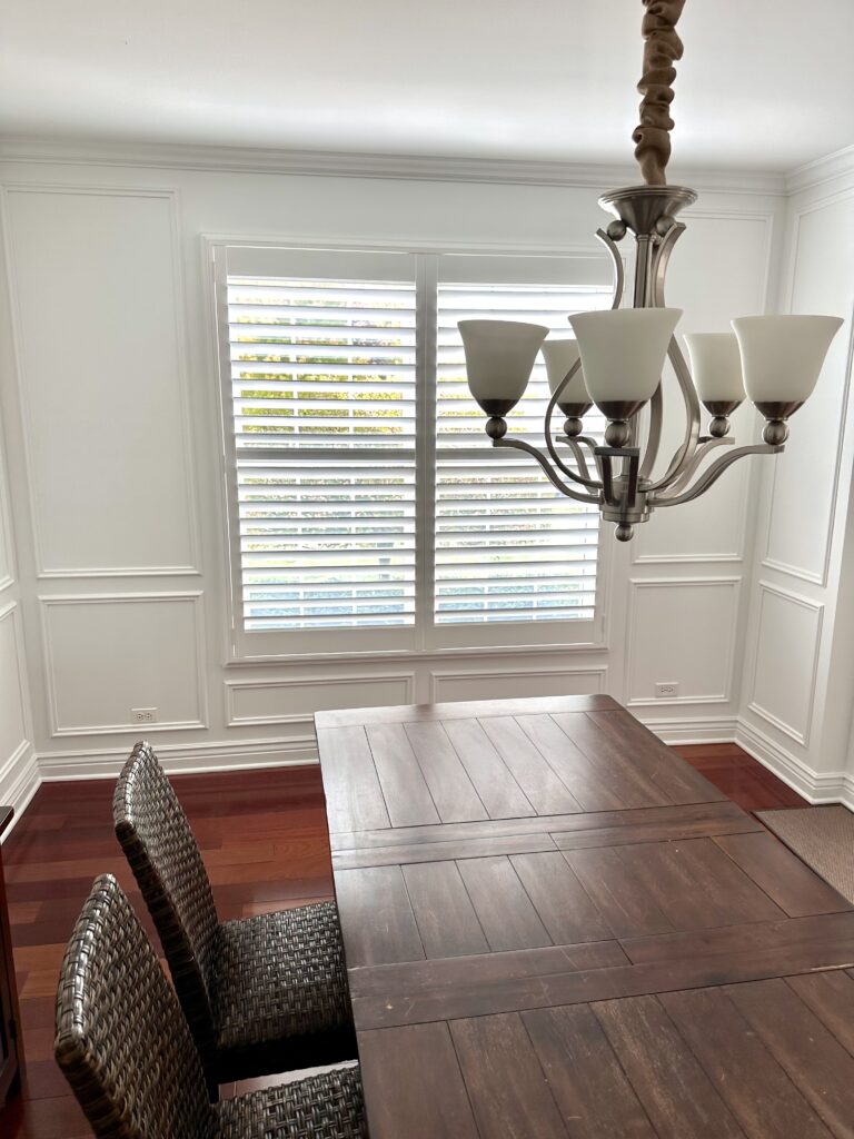 Hunter Douglas Plantation Shutters installed in dining room.