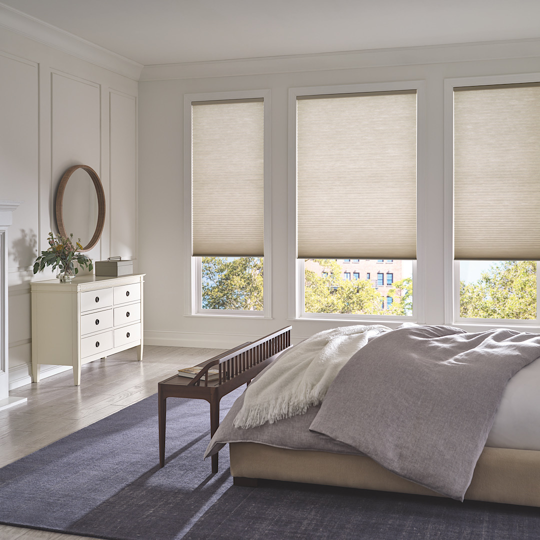 Hunter Douglas Duette Cellular Shades motorized with PowerView in a contemporary bedroom