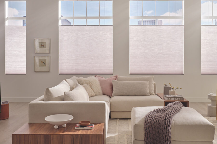 Hunter Douglas Applause Cellular Shades In cozy pink living room