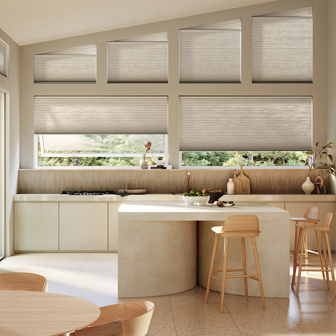 Hunter Douglas Applause Cellular Shades in a modern, woody kitchen