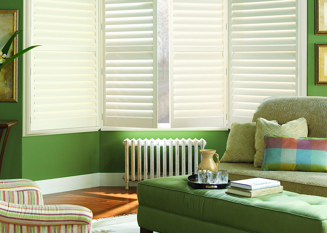 Hunter douglas newstyle shutters in green living room