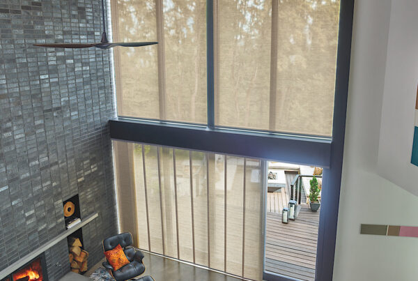 Skyline panel track blinds by hunter douglas over a sliding glass door