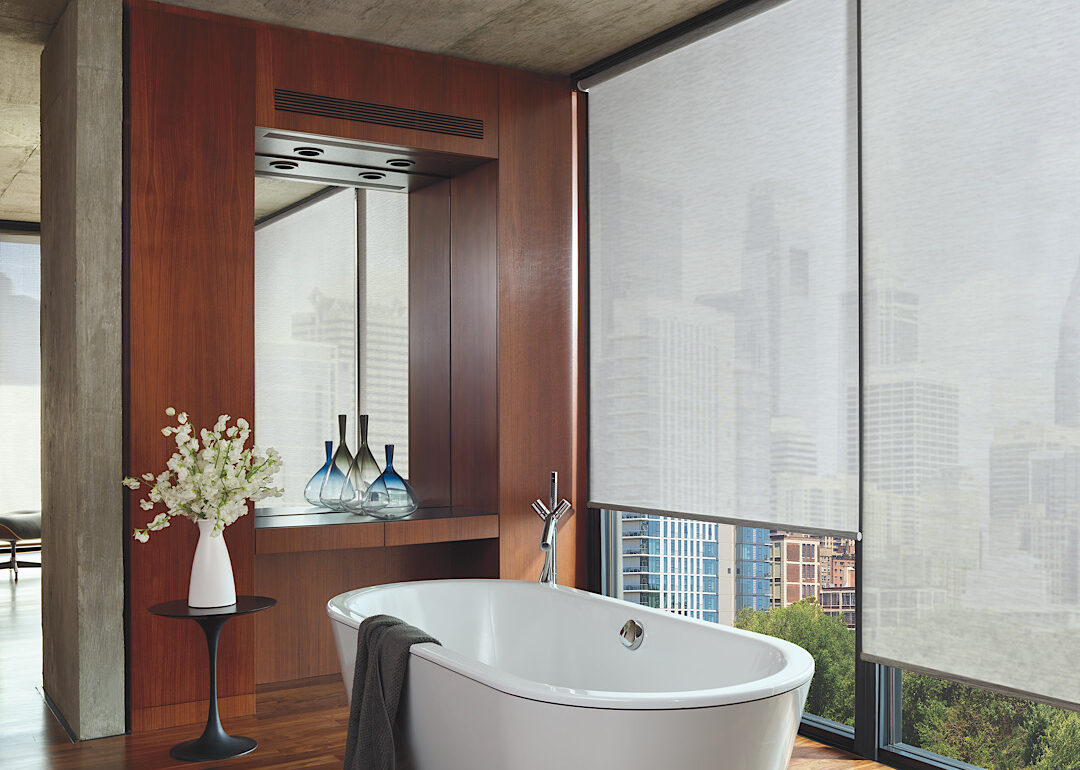 Hunter douglas white designer screen shades in a bathroom