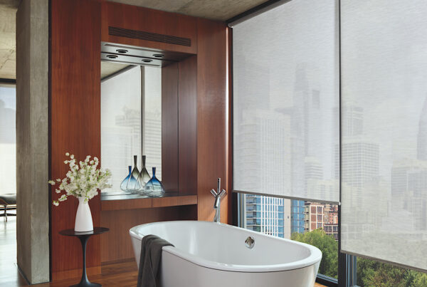 Hunter douglas white designer screen shades in a bathroom